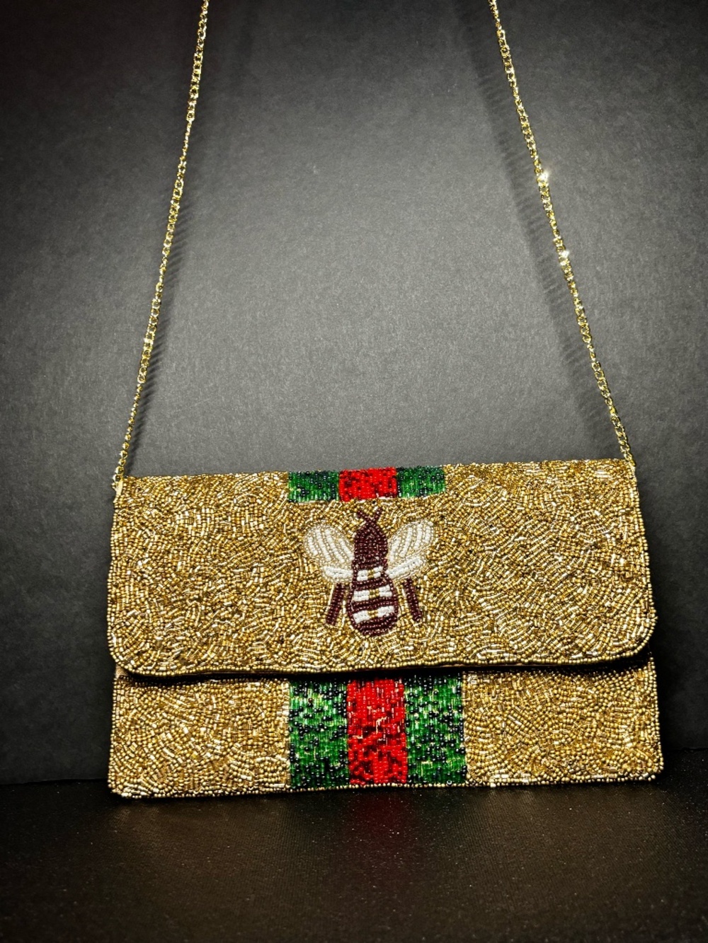 Gold Beaded Bee Clutch Crossbody Evening Bag Designer Inspired